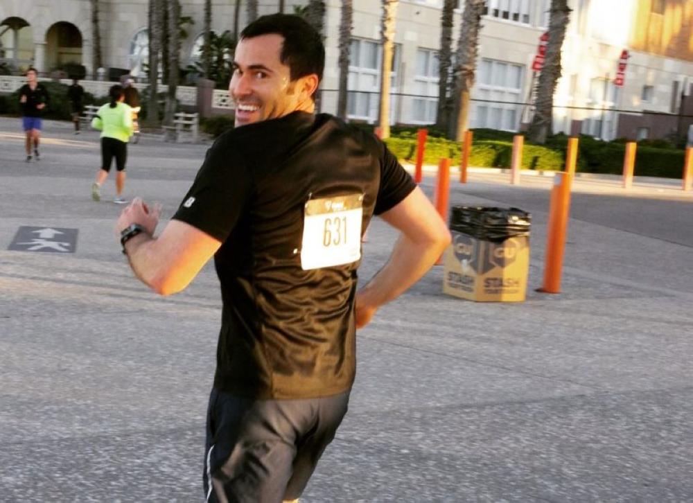 Loren Zitomersky is seen practicing backward running in Boston, Massachusetts. 