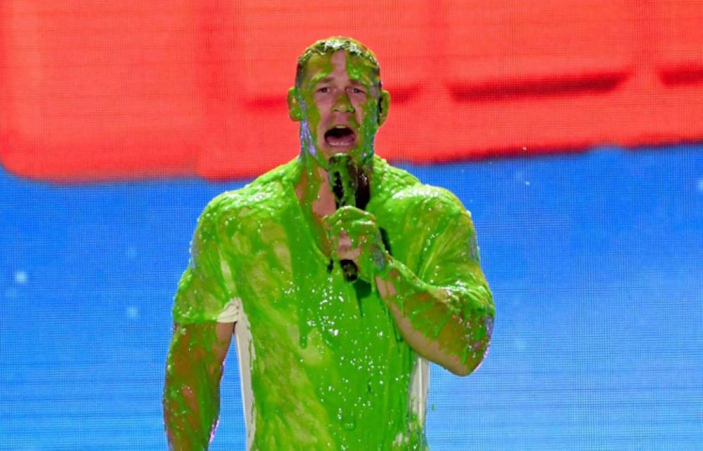 Host John Cena is seen after getting doused with green slime at the Kids' Choice Awards in Los Angeles, California on Monday.