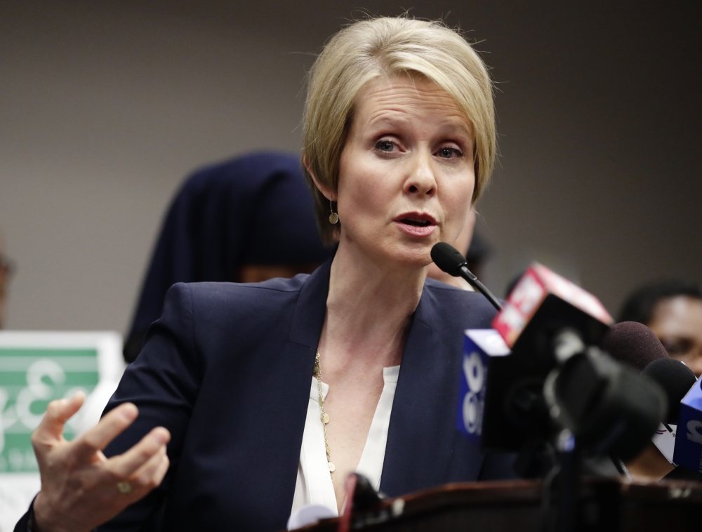 Candidate for New York governor Cynthia Nixon responds to a question during a news conference on Mondayin Albany, New York. — AP