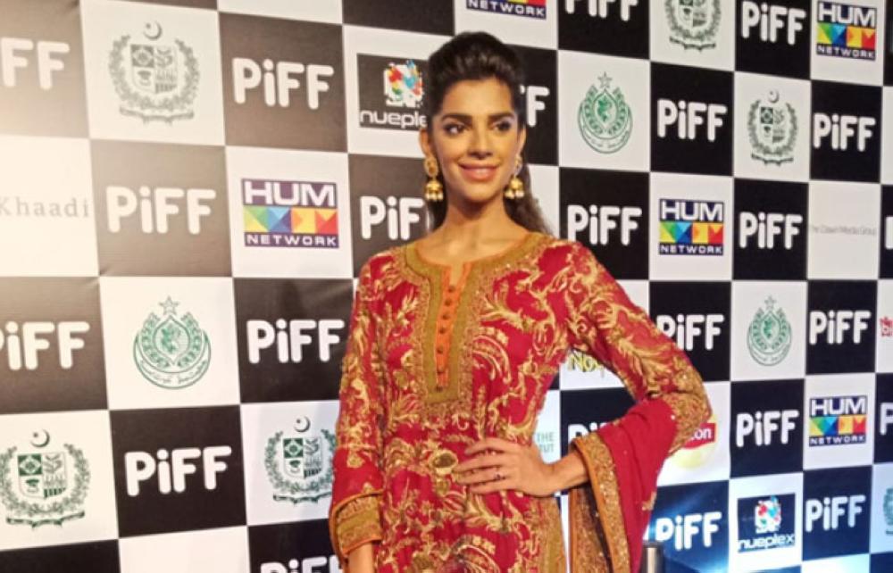 Pakistani actress Sanam Saeed poses during the Pakistan International Film Festival in Karachi on Sunday night.