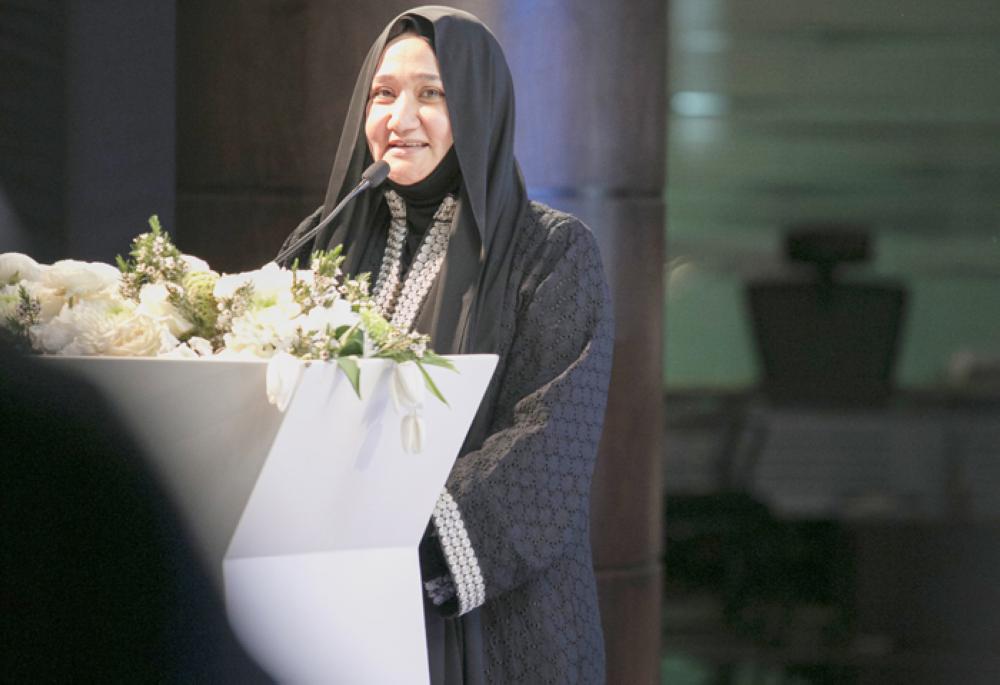 Dr. Suhair Hassan Al Qurashi, president of Dar Al Hekma University, welcomes guests for the opening of the visual communication graduates exhibition  class 16, 22nd edition under the motto “  woman empowerment: an important part of 2030 vision” at Lexus Showroom in Jeddah – medina rd.

