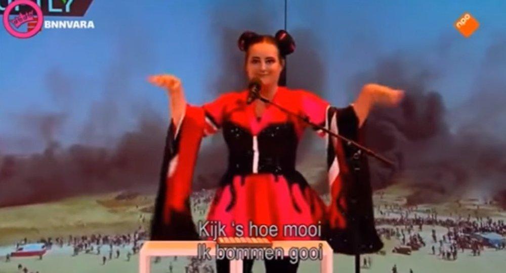 This video grab shows Dutch actress Sanne Wallis de Vries performing her own version of 