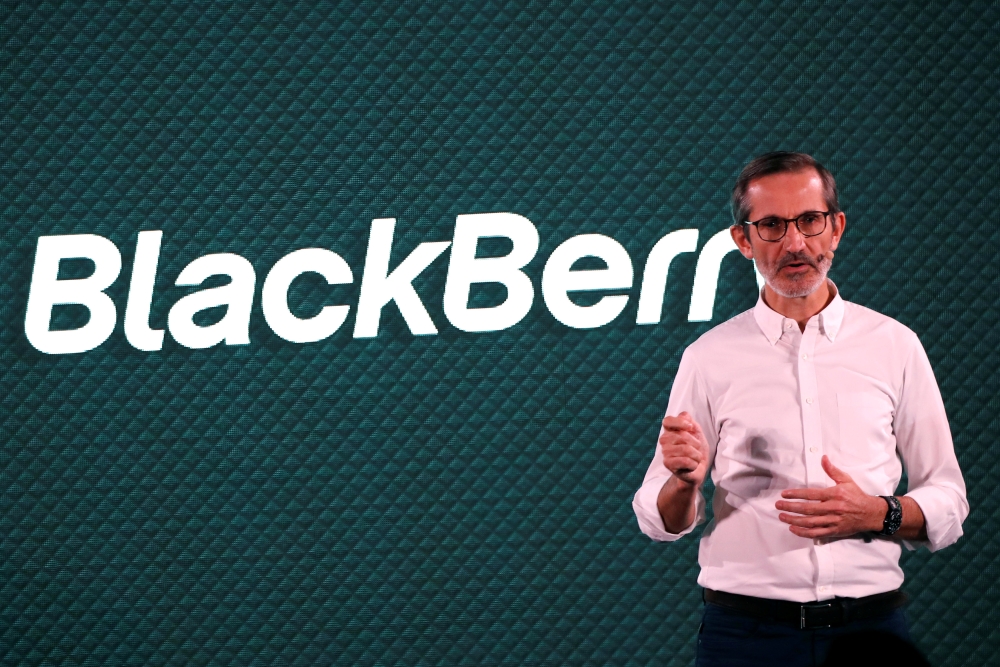 Gareth Hurn, Global Head of Device Portfolio for BlackBerry Mobile at TCL Communication introduces the new BlackBerry Key2 smartphone during a product launch event in Manhattan in New York, US, on Thursday. — Reuters