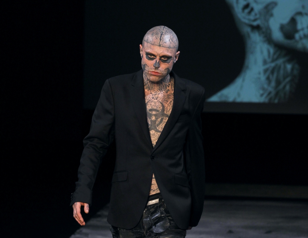 Canadian tattooed model Rick Genest aka Zombie Boy presents a creation by French designer Thierry Mugler during the Men’s fall-winter 2011-2012 ready-to-wear collection show in Paris in this January 19, 2011 file photo. — AFP