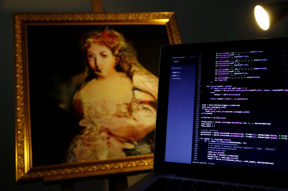 


The artwork “La Comtesse de Belamy,” created by the Generative Adversarial Network (GAN), an algorithm that learns to generate new images by being fed a database of existing paintings, is seen during an interview with Reuters in Paris, France on Sunday. — Reuters