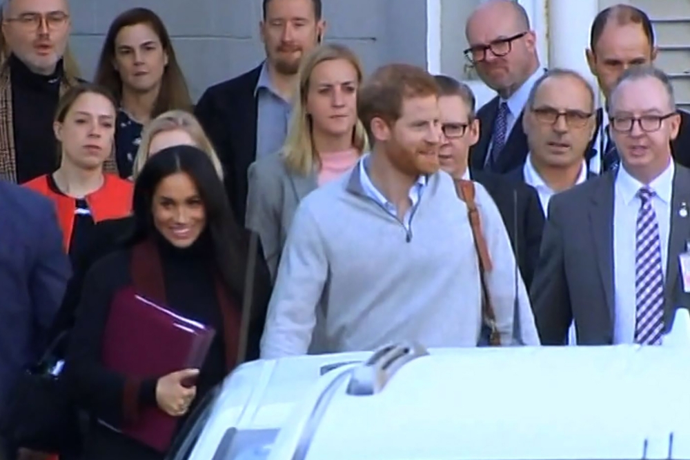 


This frame grab from ABC video footage taken on Monday shows Britain’s Meghan, Duchess of Sussex (front L) and her husband Britain’s Prince Harry, Duke of Sussex (front C), as they arrive in Sydney. — AFP