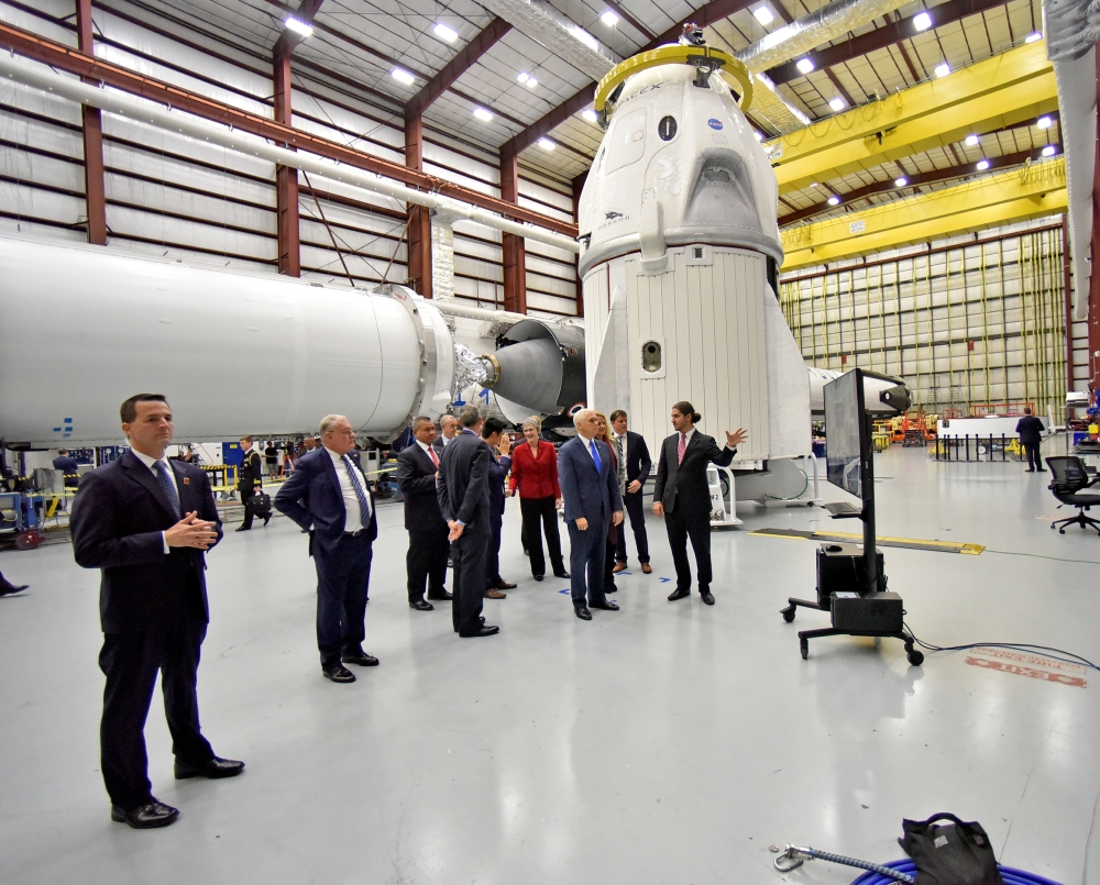 US Vice President Mike Pence tours the SpaceX hangar at Launch Complex 39-A where the Dragon crew module and Falcon 9 booster rocket are being prepared for a January 2019 launch at Cape Canaveral, Florida, in this Dec. 18, 2018 file photo. — Reuters
