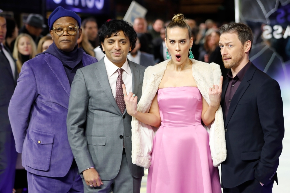 In this file photo taken on January 9, 2019 (L-R) US actor Samuel L Jackson, US director Night Shyamalan, US actress Sarah Paulson and British actor James McAvoy pose on arrival for the European premiere of 