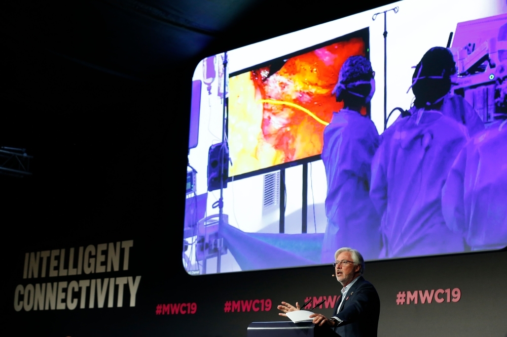 Doctor Antonio Lacy of Hospital Clinic de Barcelona delivers a speech at the Mobile World Congress (MWC) in Barcelona on Wednesday. — AFP