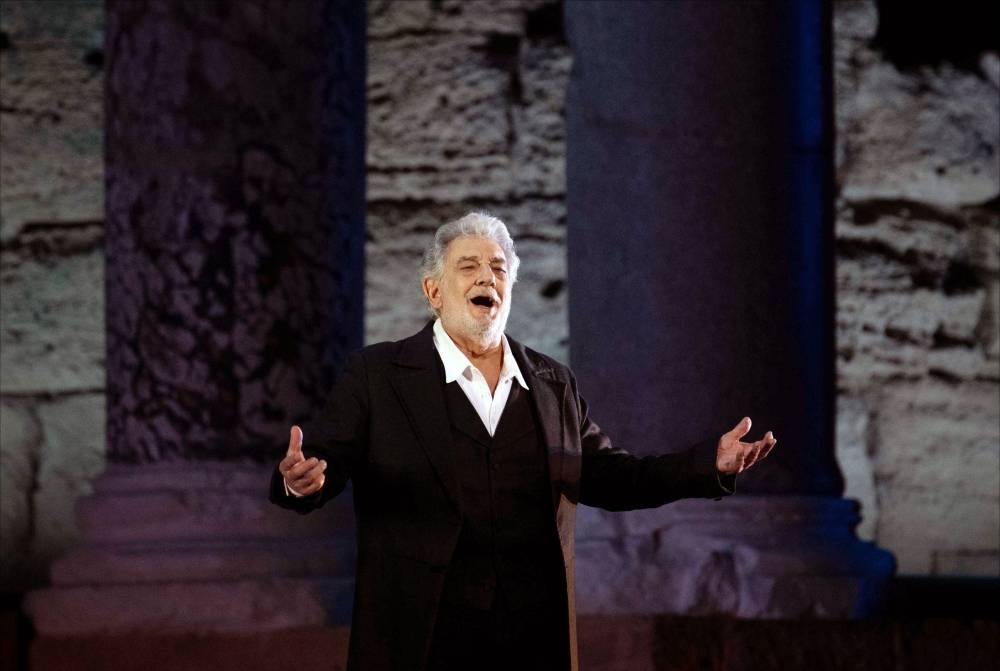 Spanish opera singer Placido Domingo, 78, performs on stage during the dress rehearsal of 