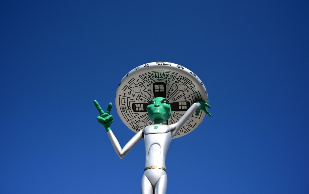 In this file photo taken on March 4, 2019, an Alien sculpture lines the side of the road in the town of Baker, California, known as the 'Gateway to Area 51.' For more than a century, scientists have scoured the known universe for signs of extraterrestrial life, an endeavor that has thus far proved fruitless — unless you believe the US government is hiding aliens at a remote base in Nevada. — AFP