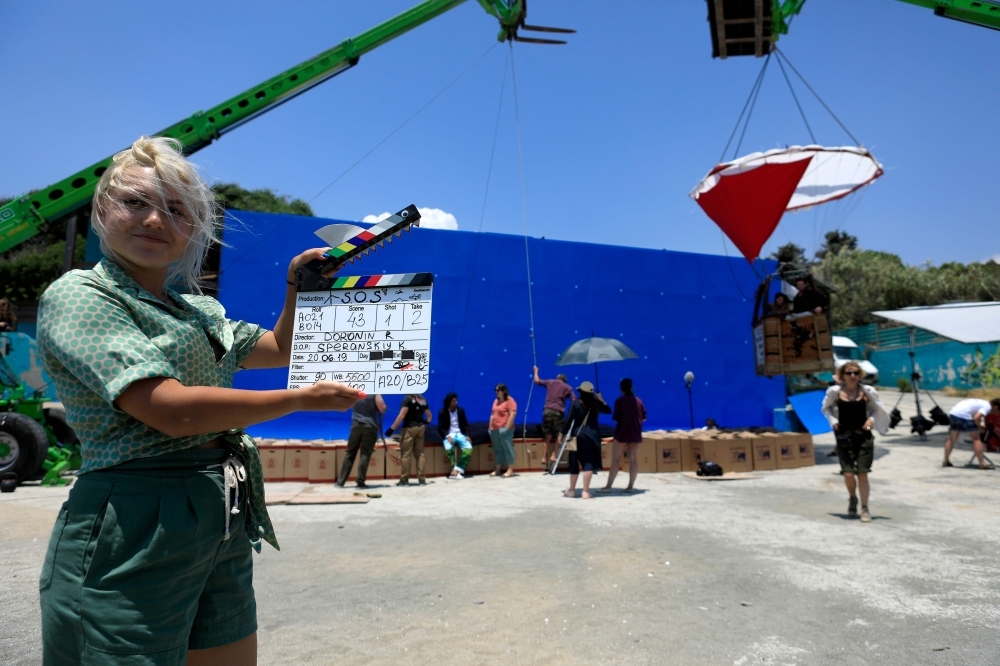 Technicians prepare the set of the movie 