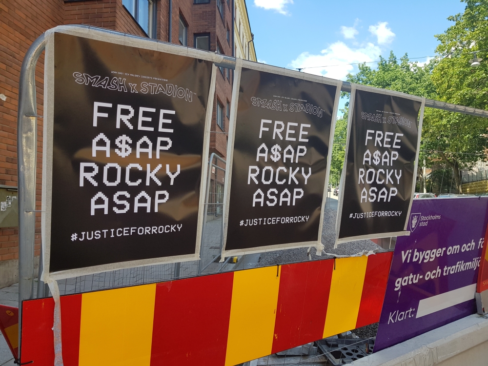 Posters asking for ASAP Rocky to be freed line the wall across from the jail where the American rapper is being held over charges of assault in Stockholm, Sweden, on Thursday. — Reuters