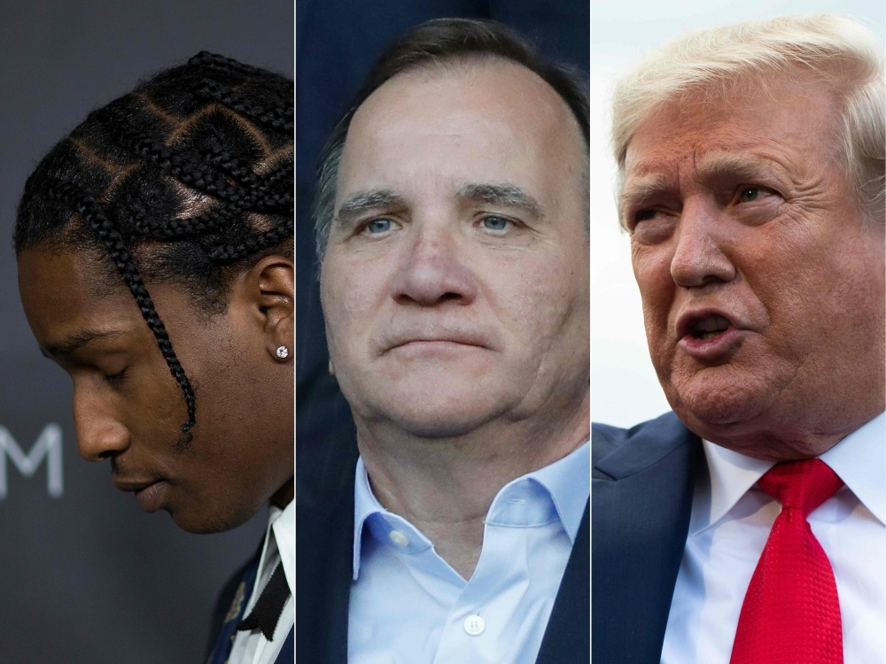 This combination of pictures created on Thursday shows
Recording artist ASAP Rocky, left, Swedish Prime minister Stefan Lofven, center, and US President Donald Trump, right. — AFP