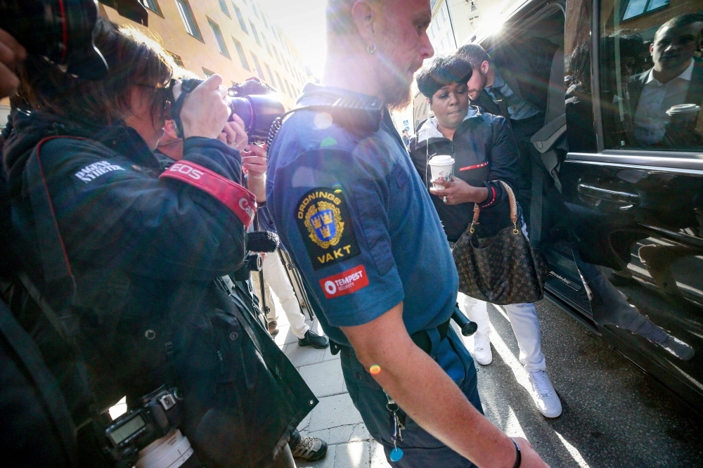 Renee Black, right, ASAP Rocky's mother, arrives at the district court to follow her son's trial in Stockholm on Thursday. — AFP