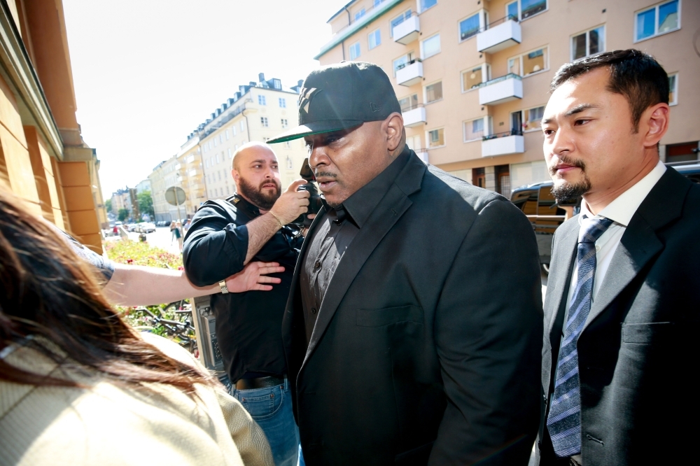 The bodyguard of US rapper ASAP Rocky, not in picture, arrives at the district court on the third day of the musician's trial in Stockholm on Friday. — AFP