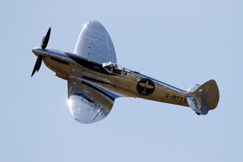 British aviator Matt Jones takes off in a restored World War II Silver Spitfire plane as he begins a round-the-world flight attempt at Goodwood Aerodrome in Chichester, southeast England, on Monday. — AFP