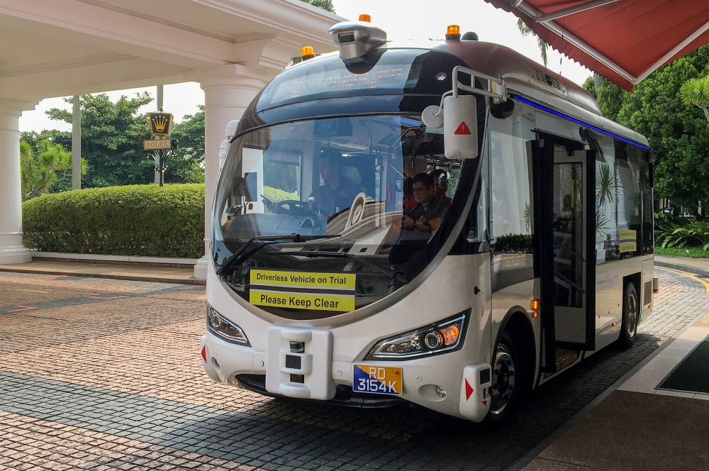 An autonomous shuttle bus is seen during a public trial on Sentosa Island, Singapore on Monday. -Reuters  