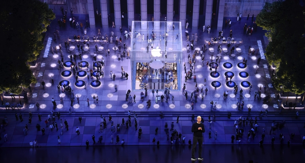 Apple CEO Tim Cook speaks on-stage during a product launch event at Apple's headquarters in Cupertino, California, on Tuesday. — AFP