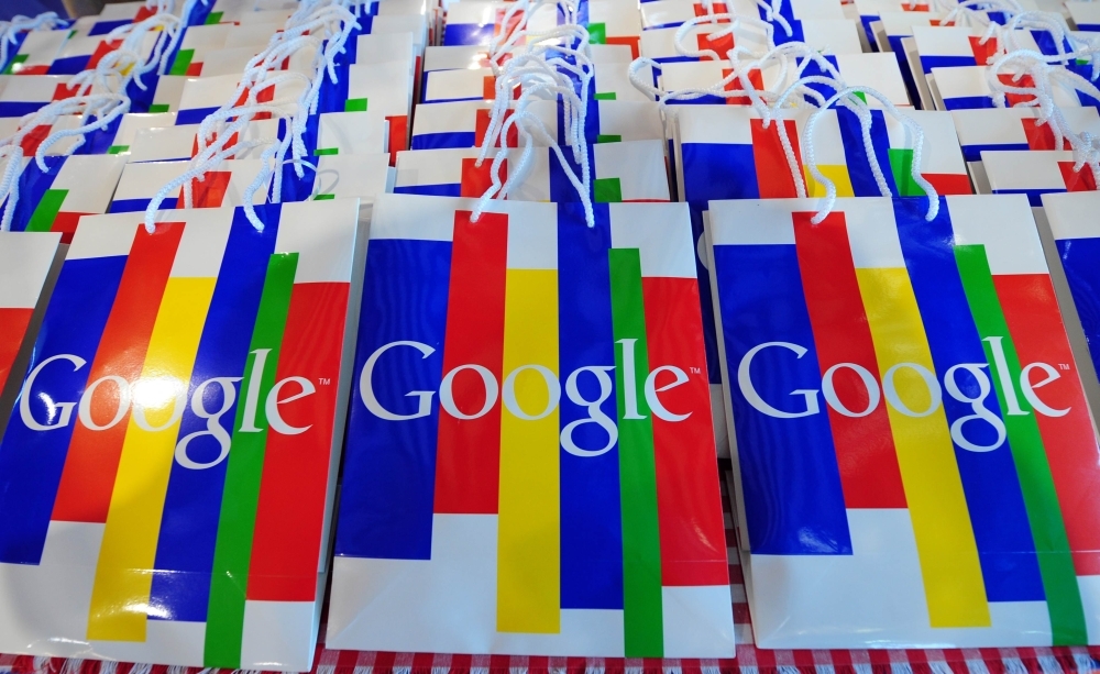 This file photo taken on Nov. 18, 2010, shows the Google logo on bags during a press conference in Hamburg, on the launch of Google's street info service 