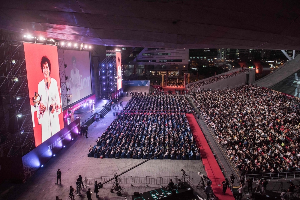 This file photo taken on Oct. 6, 2016 shows a general view of Laurence Herszberg of France accepting the Korean Cinema Award at the opening ceremony of the 21st Busan International Film Festival (BIFF) in Busan, South Korea. — AFP