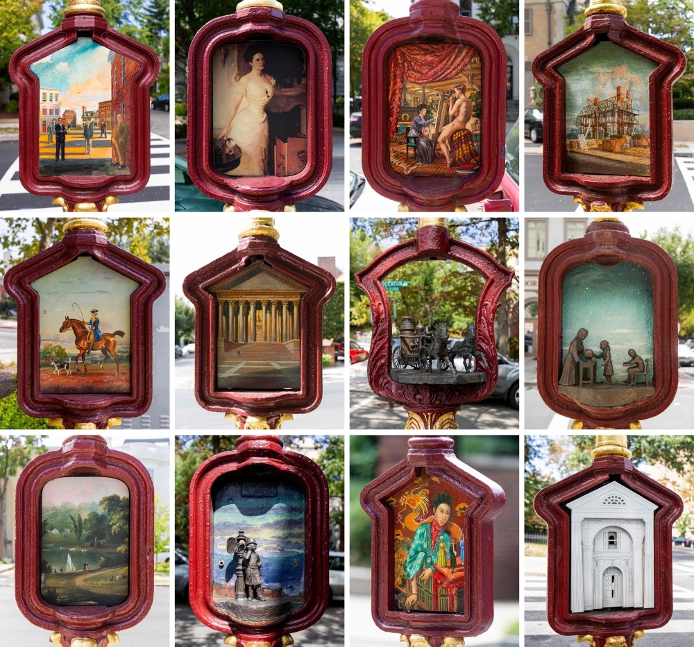 This combination of pictures created on Sept.r 16, 2019 in Washington, DC, shows old call boxes filled with art as part of the Sheridan-Kalorama Call Box Restoration Project by artists. — AFP