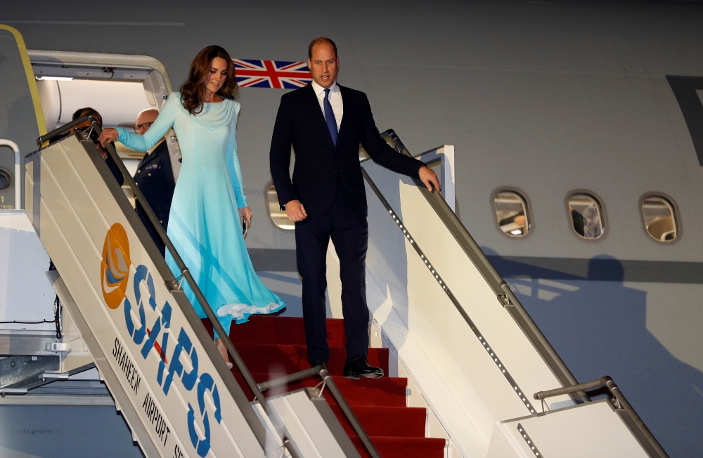 Britain's Prince William and Catherine, Duchess of Cambridge, arrive in Islamabad, Pakistan, on Monday. — Reuters