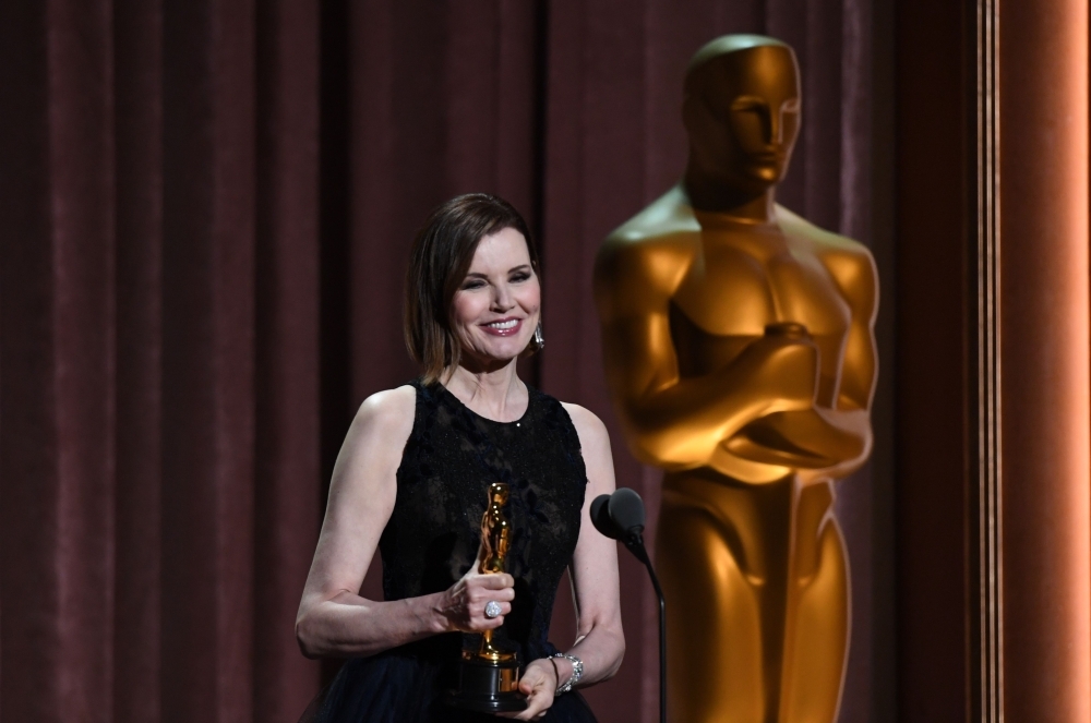 US actress Geena Davis accepts the Jean Hersholt Humanitarian award onstage at the 11th Annual Governors Awards gala hosted by the Academy of Motion Picture Arts and Sciences at the Dolby Theater in Hollywood on Sunday. — AFP