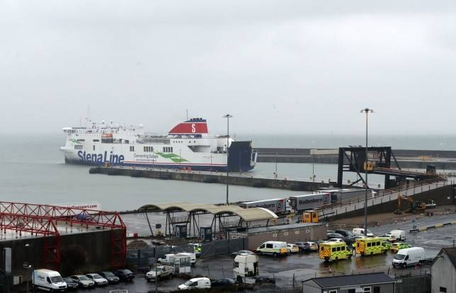 Emergency personnel are seen at the Irish port of Rosslare awaiting the arrival of a Stena Line ferry on Thursday. — Courtesy photo