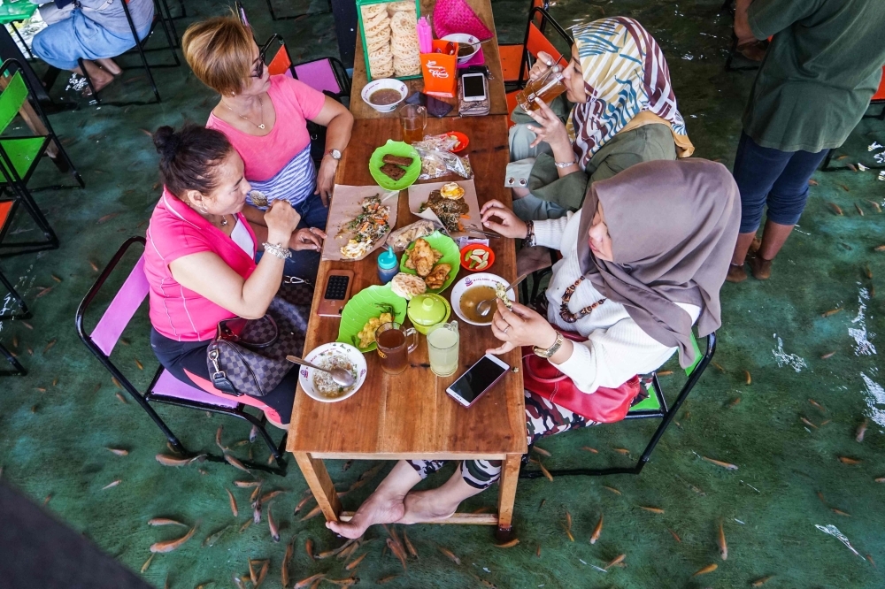 Fish nibble at the feet of Indonesian diners as they have their lunch at a fish pool restaurant at Wedomartani village in Yogyakarta, Indonesia, in this Nov. 15, 2019 file photo. — AFP