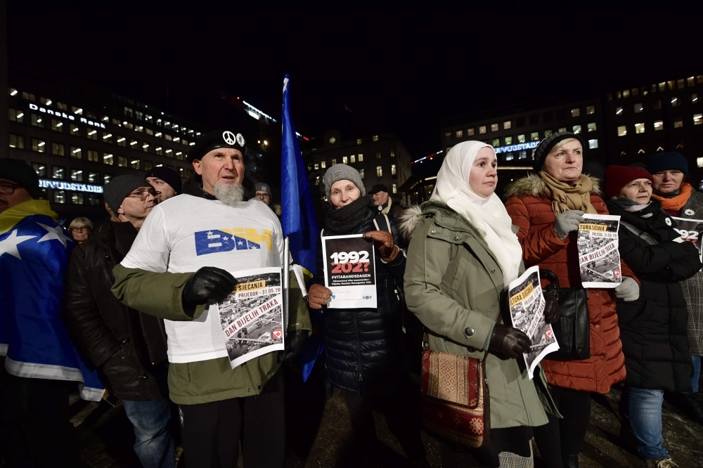 Demonstrators protest the awarding of the 2019 Nobel literature prize to Peter Handke during a demonstration in Stockholm on Tuesday. — AFP