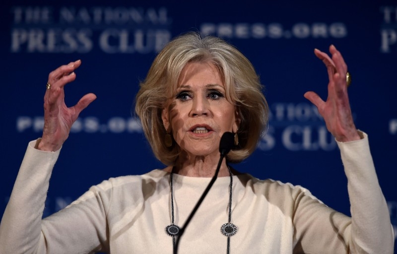 Actress and activist Jane Fonda speaks about her movement to push for political action on climate change during a luncheon at the National Press Club in Washington on Tuesday. — AFP