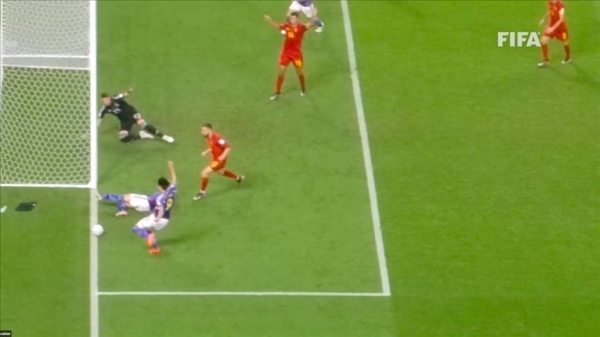 Japan beat Spain 2-1 on Thursday and the assist on the winning goal was made from the edge of the corner line.