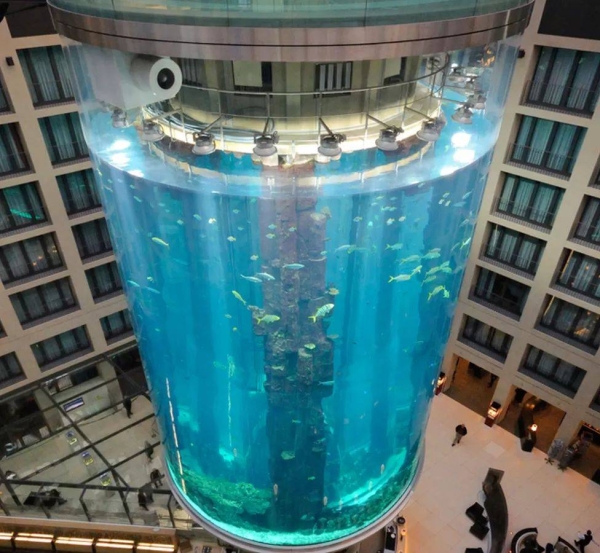 The AquaDom in Berlin contained about 1,500 tropical fish and over a million litres of water
