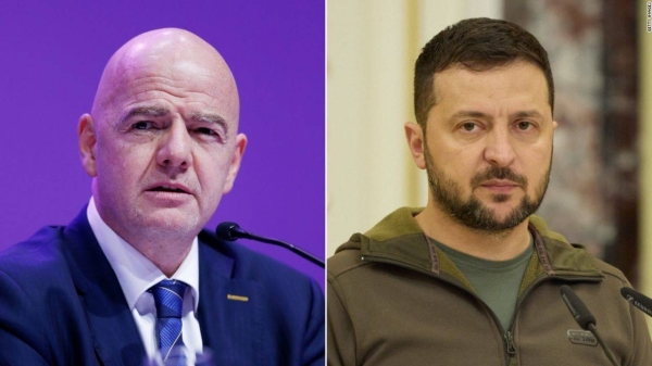 FIFA boss Gianni Infantion (left) and Ukraine President Volodymy Zelensky (right)
