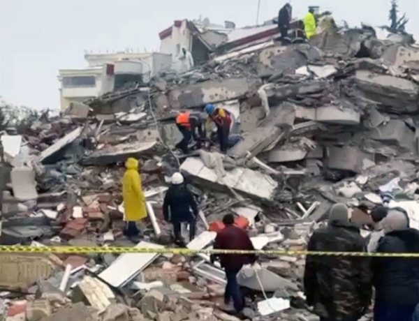 Rescue workers search the debris of an area in Gaziantep, where the epicenter of this mornings quake was situated.