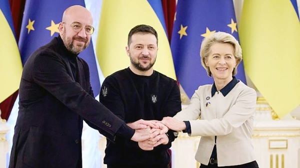 Ukrainian President Volodymyr Zelensky (C) with EU chiefs Charles Michel and Ursula von der Leyen during the EU-Ukraine summit in Kyiv, Ukraine, Friday. — courtesy Ukrainian Presidential Press Office via AP