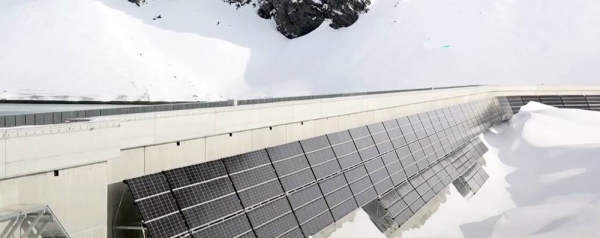 The AlpinSolar power plant of Swiss Axpo energy company on the dam of Lake Muttsee, near Linthal, Switzerland.