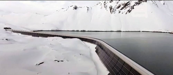 The AlpinSolar power plant of Swiss Axpo energy company on the dam of Lake Muttsee, near Linthal, Switzerland.