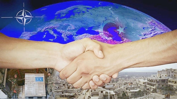 Graphic showing shaking hands, images of Turkey earthquake damage, and NATO logo. — courtesy Euronews