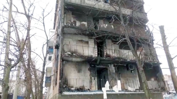 A residential building which was heavily bombed by Russian forces in the frontline city of Vuhledar, Ukraine.