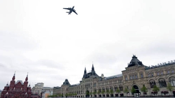 A Bevriev A-50 plane flies over the Kremlin at a military parade in 2020. — courtesy Getty Images