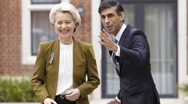 Britain’s Prime Minister Rishi Sunak, right, greets European Commission President Ursula von der Leyen at the Fairmont Hotel in Windsor, England, on Monday.