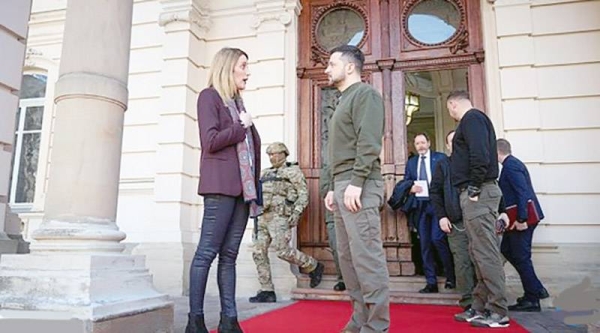 Ukraine President Volodymyr Zelensky and Roberta Metsola in Lviv, Saturday. — courtesy Press Service of the President of Ukraine.