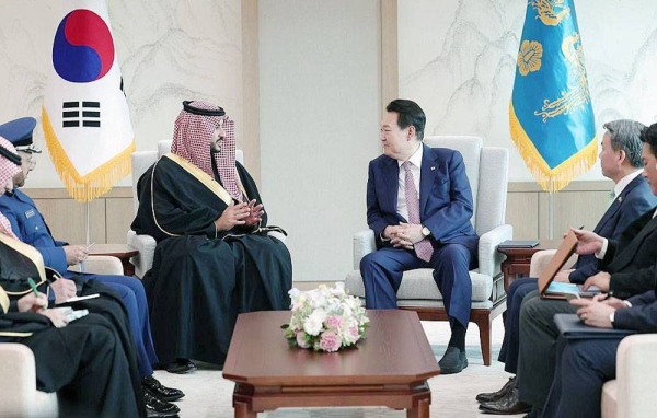 South Korea President Yoon Suk-Yeol received Tuesday Minister of Defense Prince Khalid Bin Salman in the Korean capital, Seoul.