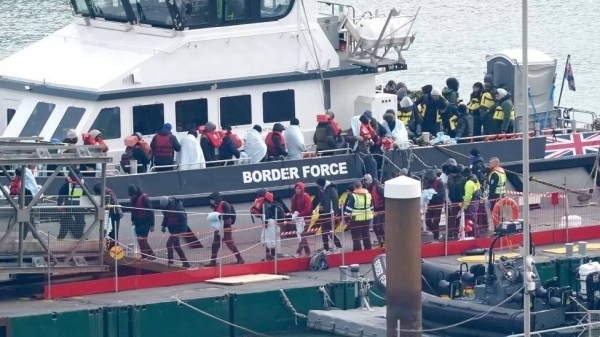 A group of people thought to be migrants are brought in to Dover, Kent, onboard a Border Force vessel following a small boat incident in the Channel.