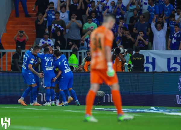 Al-Hilal players celebrates Aleksandar Mitrović's third goal in the match. 