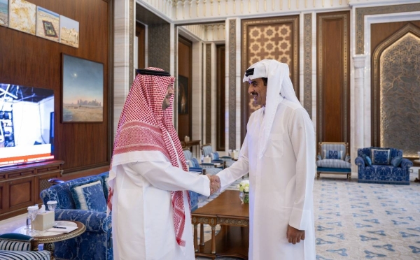 Emir of Qatar Sheikh Tamim Bin Hamad Al Thani met on Monday with Saudi Arabia’s Minister of State and Cabinet Member Prince Turki Bin Mohammad and his accompanying delegation at the Lusail Palace in Doha.