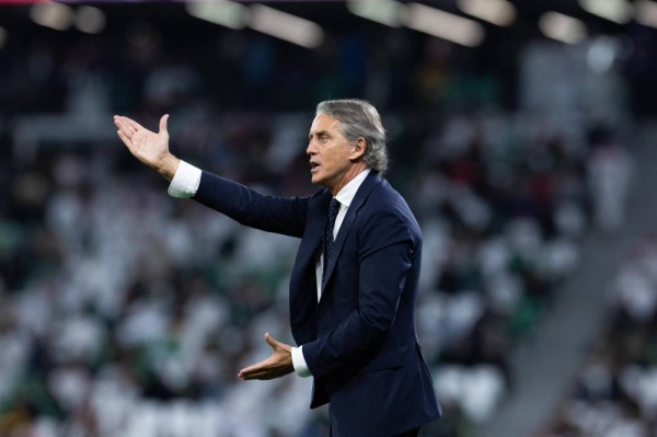 Italian coach Roberto Mancini, who is Saudi Arabia coach, gestures during the Asian Cup Round of 16 tie against South Korea in Doha on Tuesday.