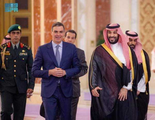 Saudi Crown Prince and Prime Minister Mohammed bin Salman receives Spanish Prime Minister Pedro Sanchez in Jeddah on Tuesday.
